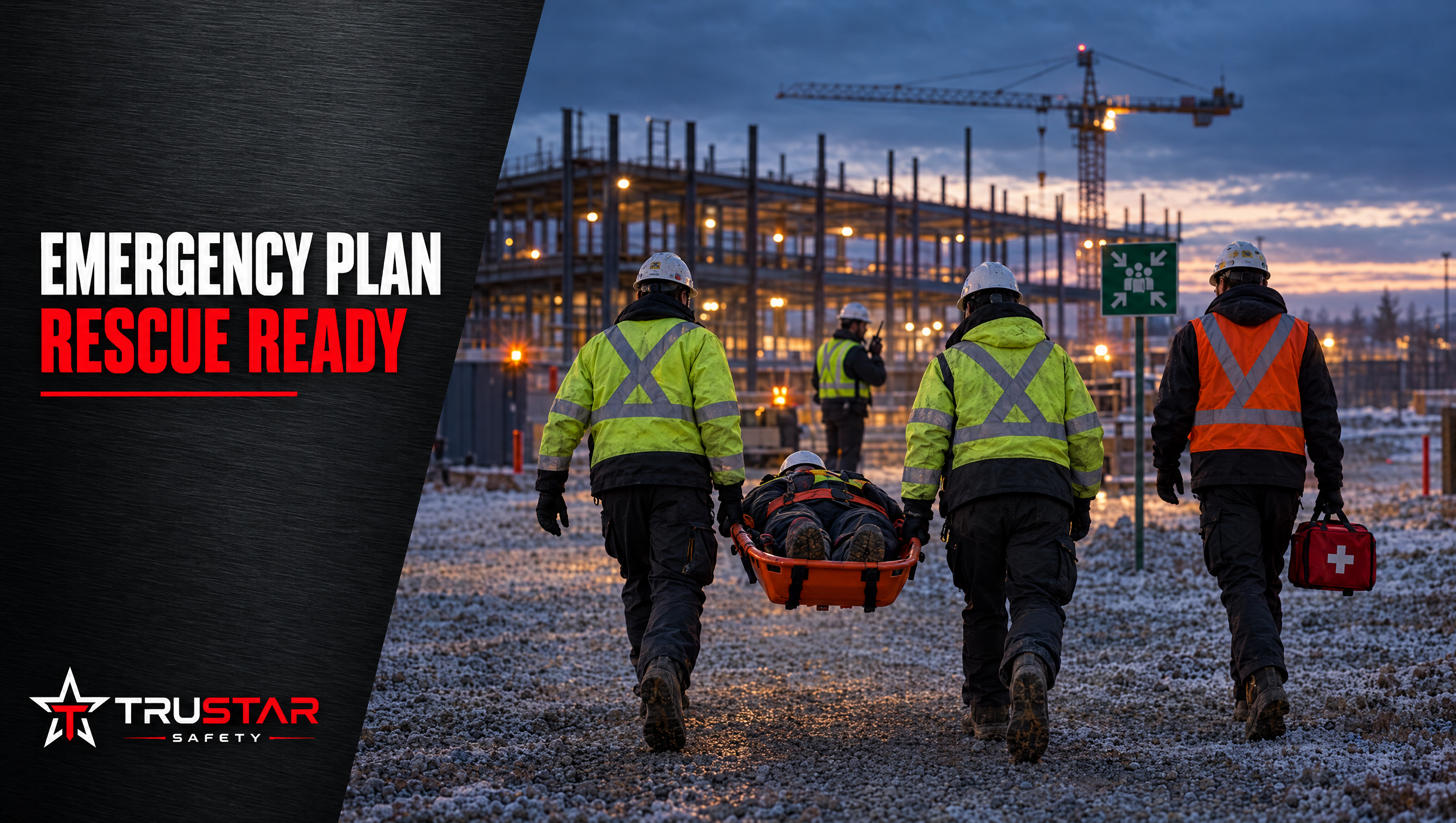 Construction crew in full PPE carrying an injured worker on a stretcher to the muster point at dusk on an Alberta job site, with a first-aid kit and a supervisor doing the headcount, beside the headli