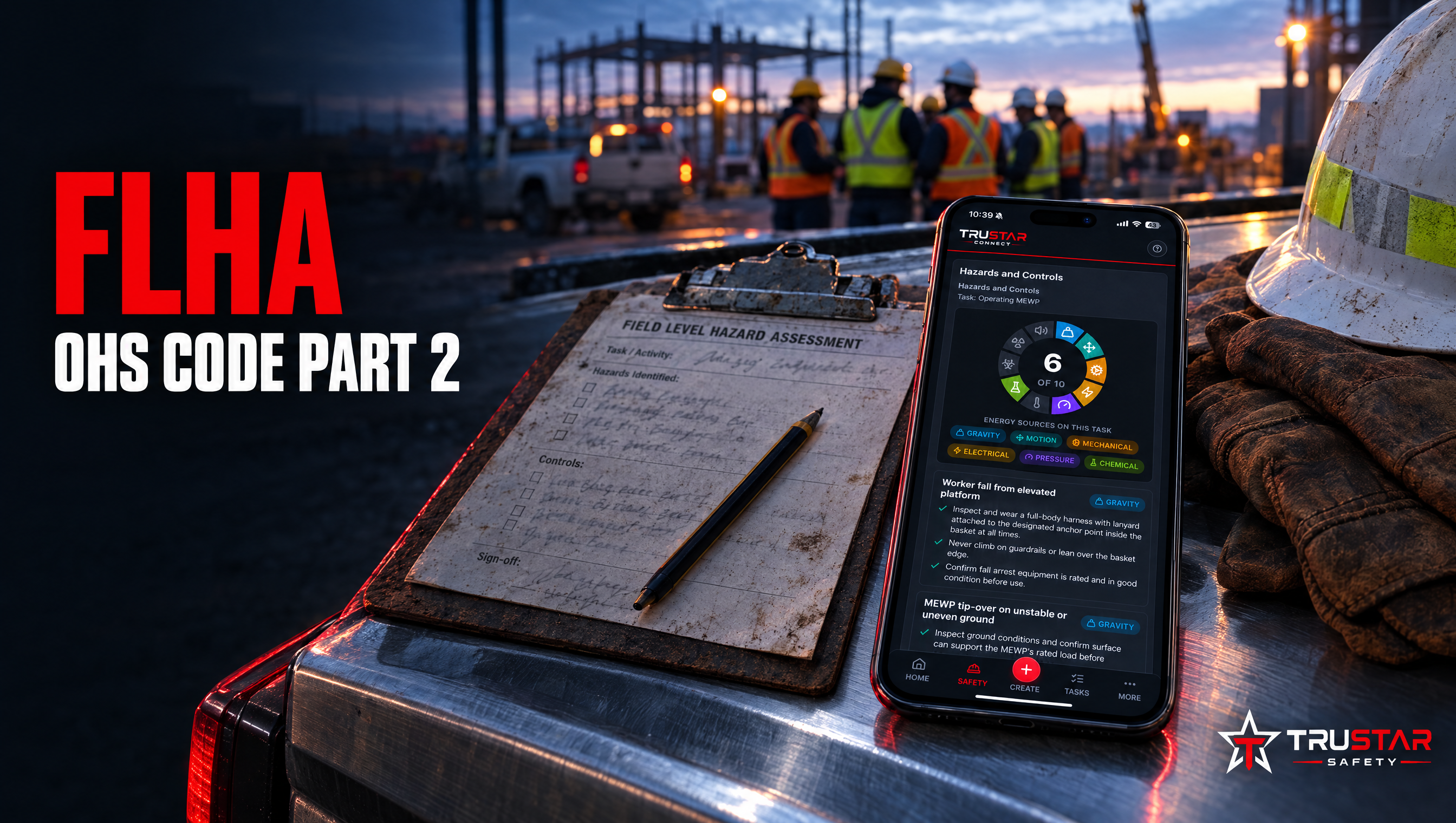 Field level hazard assessment card on a clipboard beside a phone showing the TruStar Connect Hazard Assessment screen on brushed steel, with a crew in PPE at an Alberta job site behind