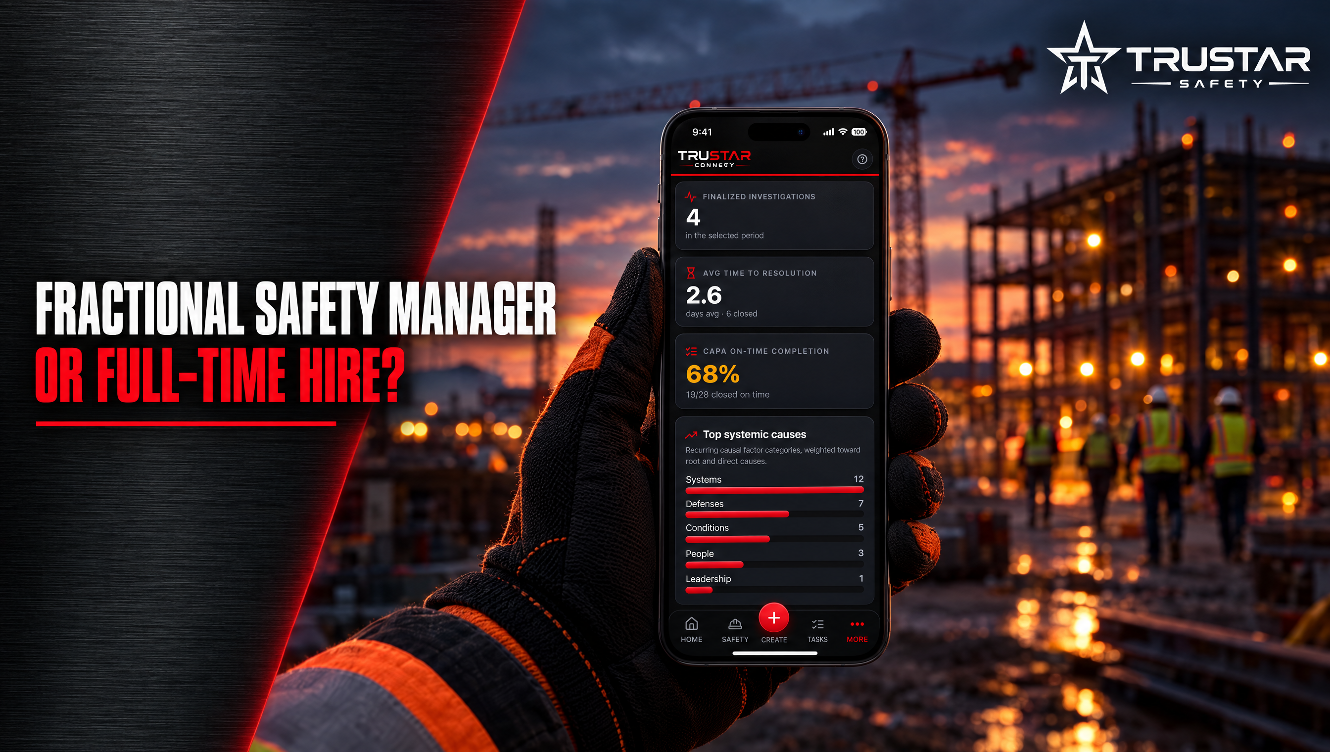 Gloved hand holding a phone showing the TruStar Connect Analytics screen beside the headline Fractional Safety Manager or Full-Time Hire, with an Alberta job site behind